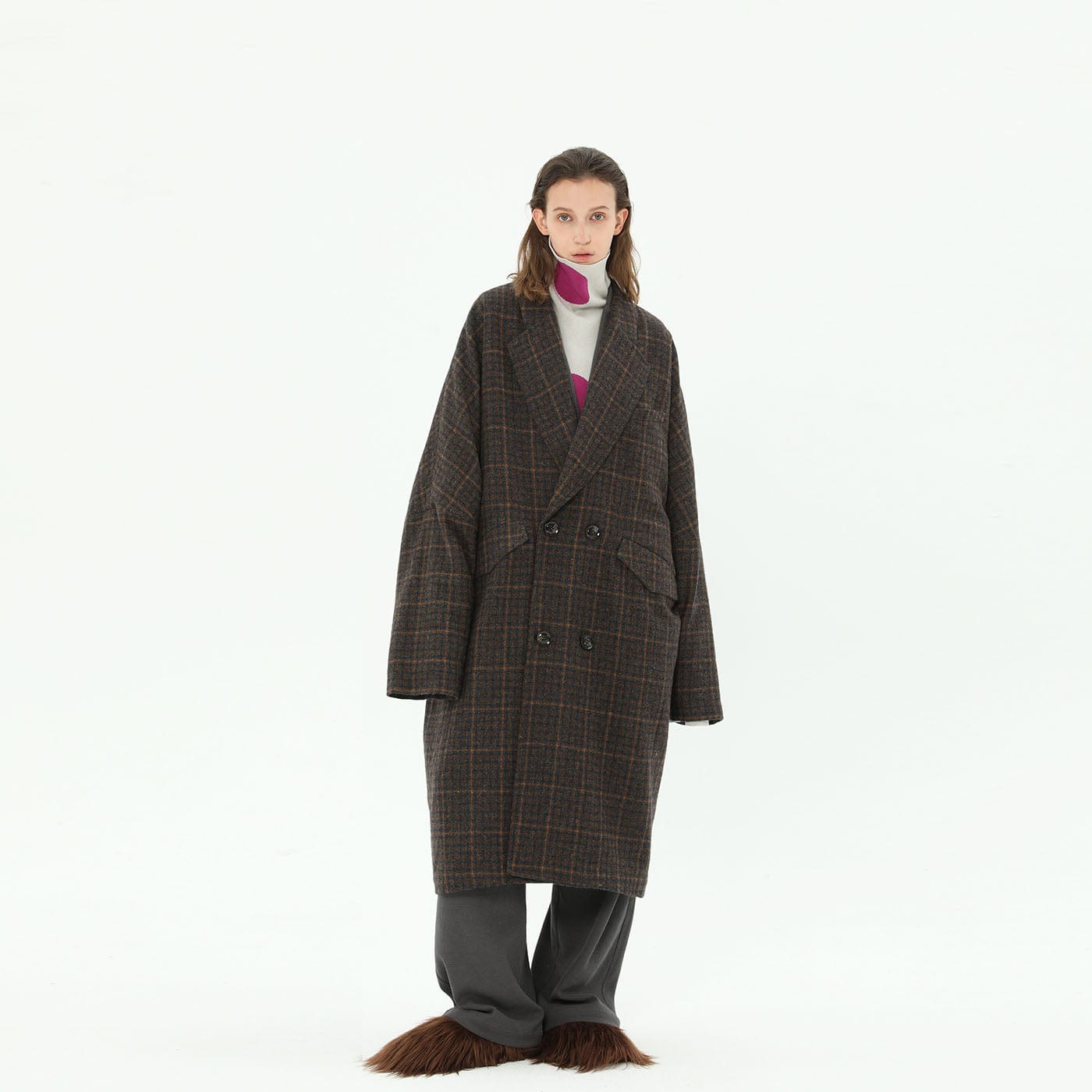 MIICHOUS Plaid Wool Oversized Coat-Jacket-S-Dark Grey-Free Shipping Leatheretro