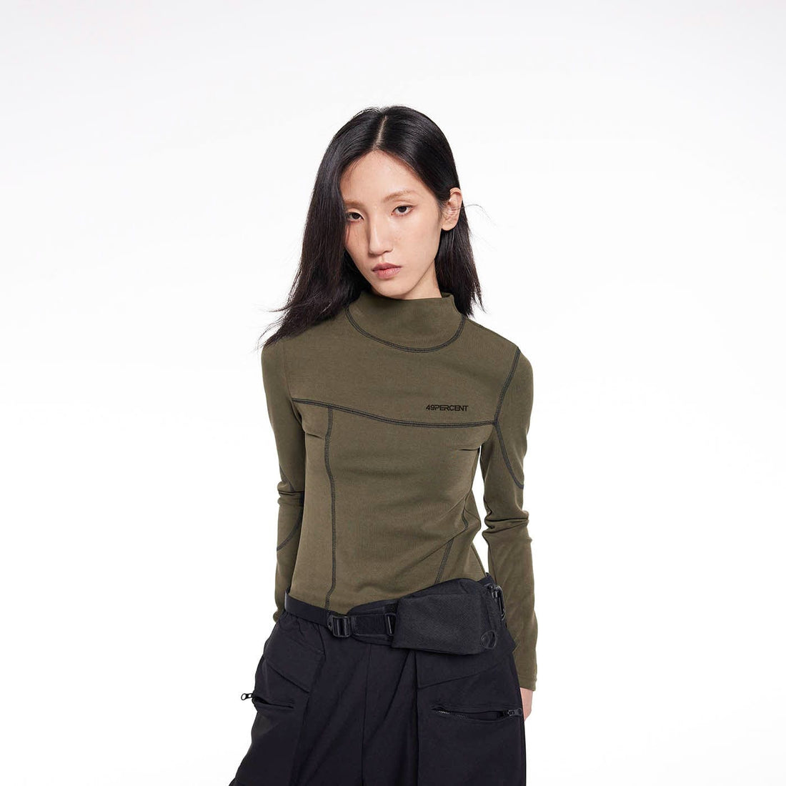 49PERCENT Stitch Outlined High Neck Long Sleeve T-shirt-L/S Tee-S-Green-Free Shipping Leatheretro