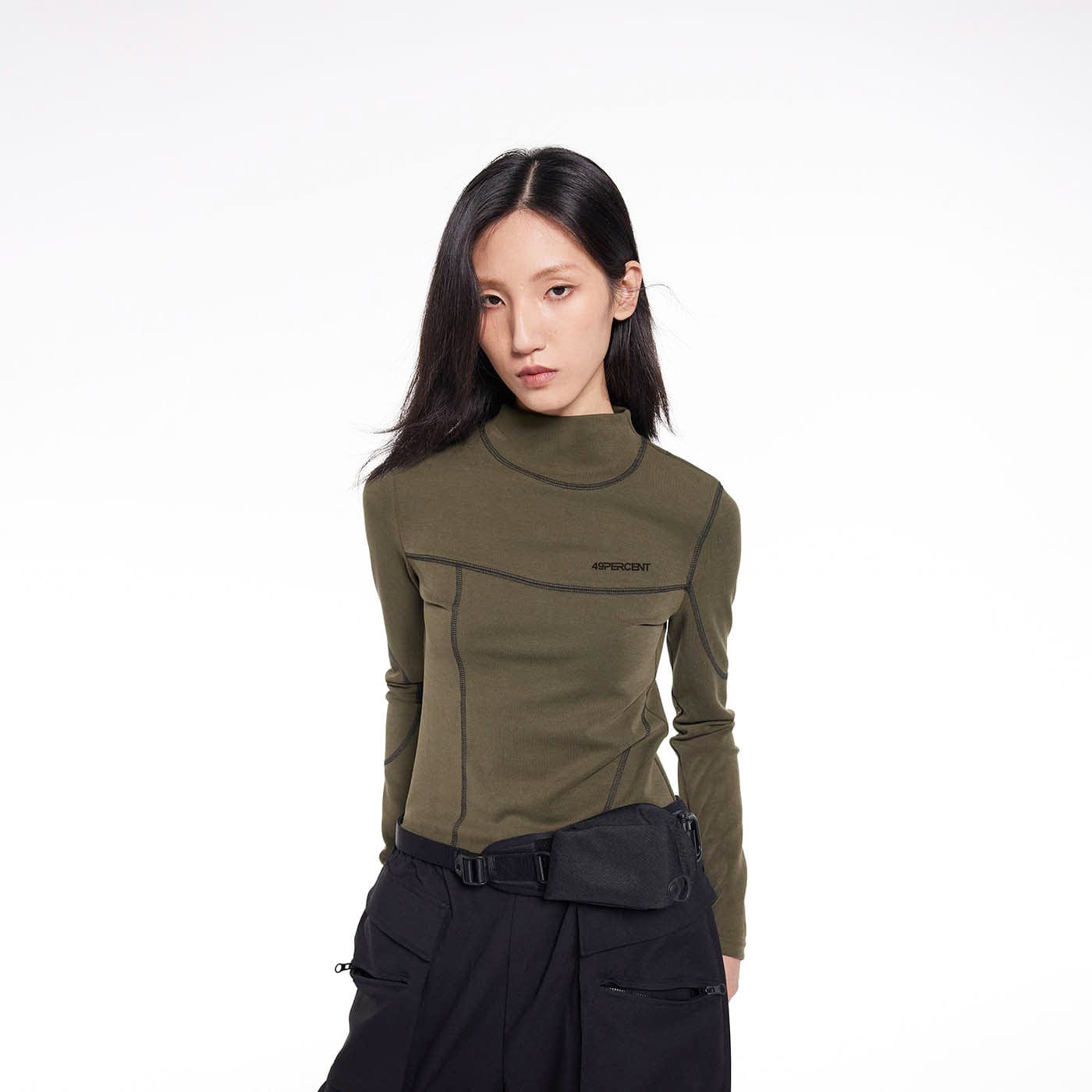 49PERCENT Stitch Outlined High Neck Long Sleeve T-shirt-L/S Tee-S-Green-Free Shipping Leatheretro