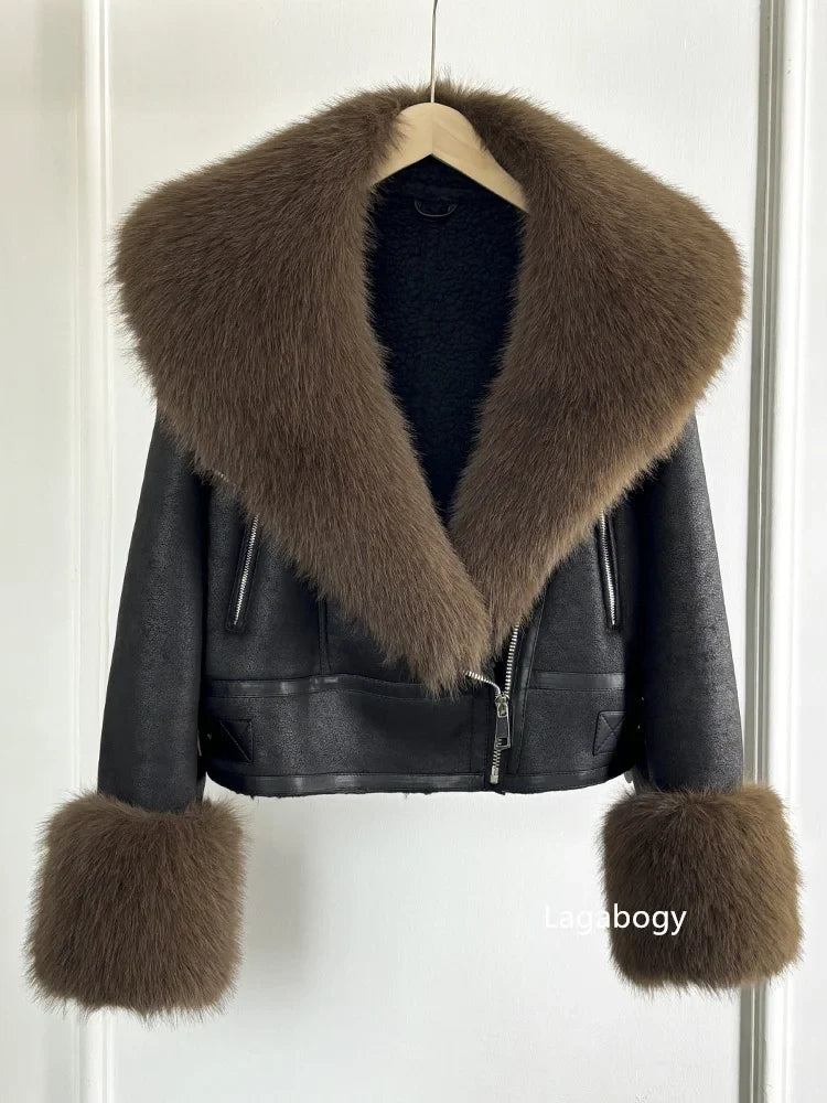 Women Faux Fur Collar Street Style Leather Jacket-Coats & Jackets-Gray Faux Fur-XS-Free Shipping Leatheretro