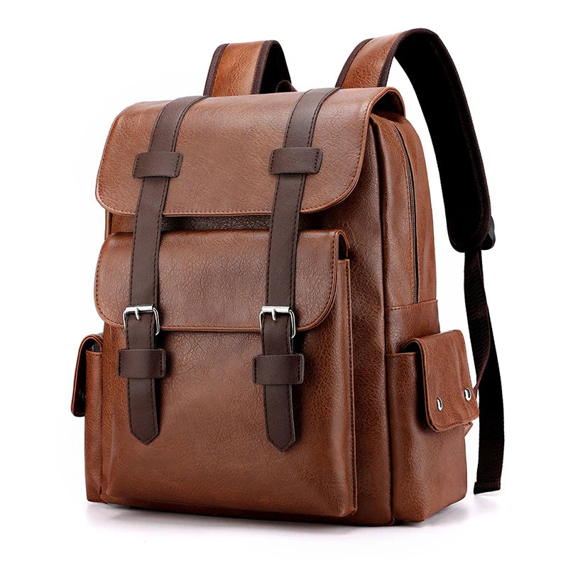 Stylish Men’s PU Leather Laptop Backpack – Large Capacity School & Travel Bag-Backpacks-Brown-Free Shipping Leatheretro