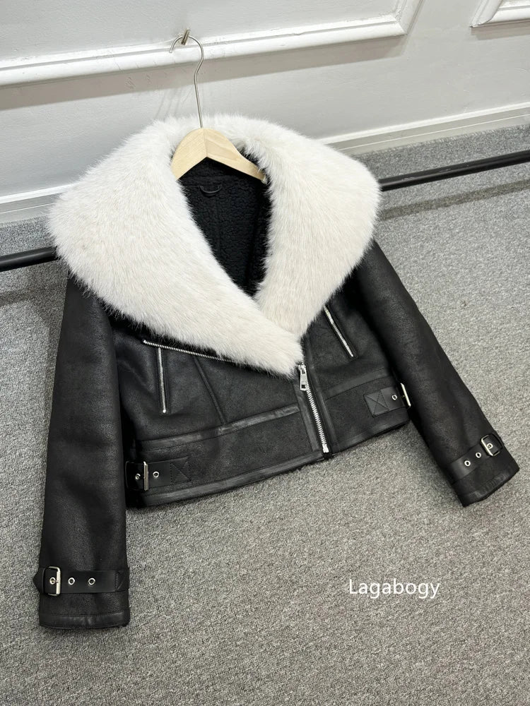 Women Faux Fur Collar Street Style Leather Jacket-Coats & Jackets-Gray Faux Fur-XS-Free Shipping Leatheretro