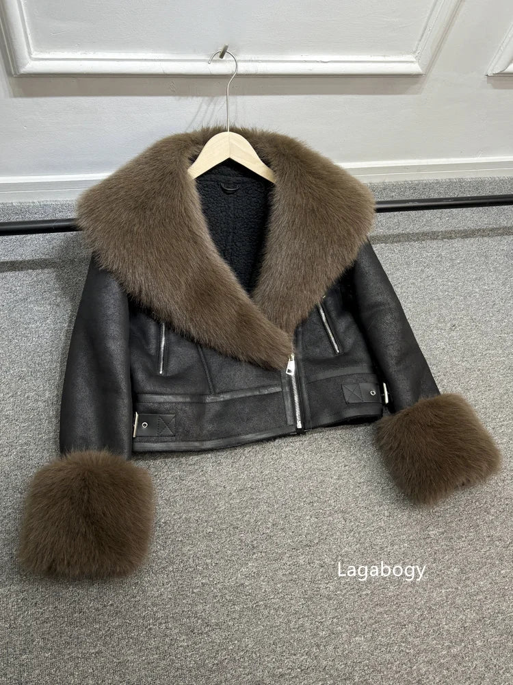 Women Faux Fur Collar Street Style Leather Jacket-Coats & Jackets-Gray Faux Fur-XS-Free Shipping Leatheretro