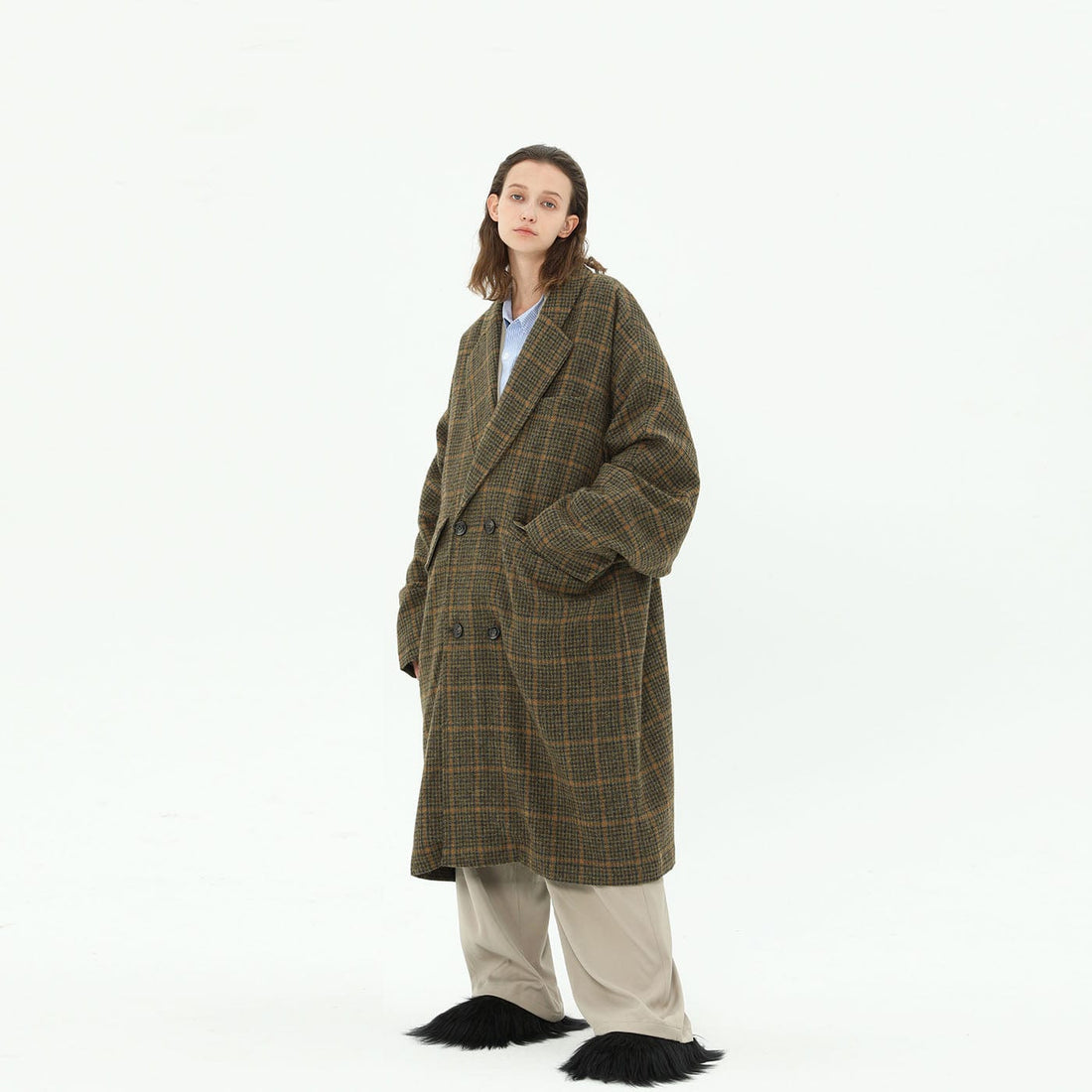 MIICHOUS Plaid Wool Oversized Coat-Jacket-S-Dark Grey-Free Shipping Leatheretro