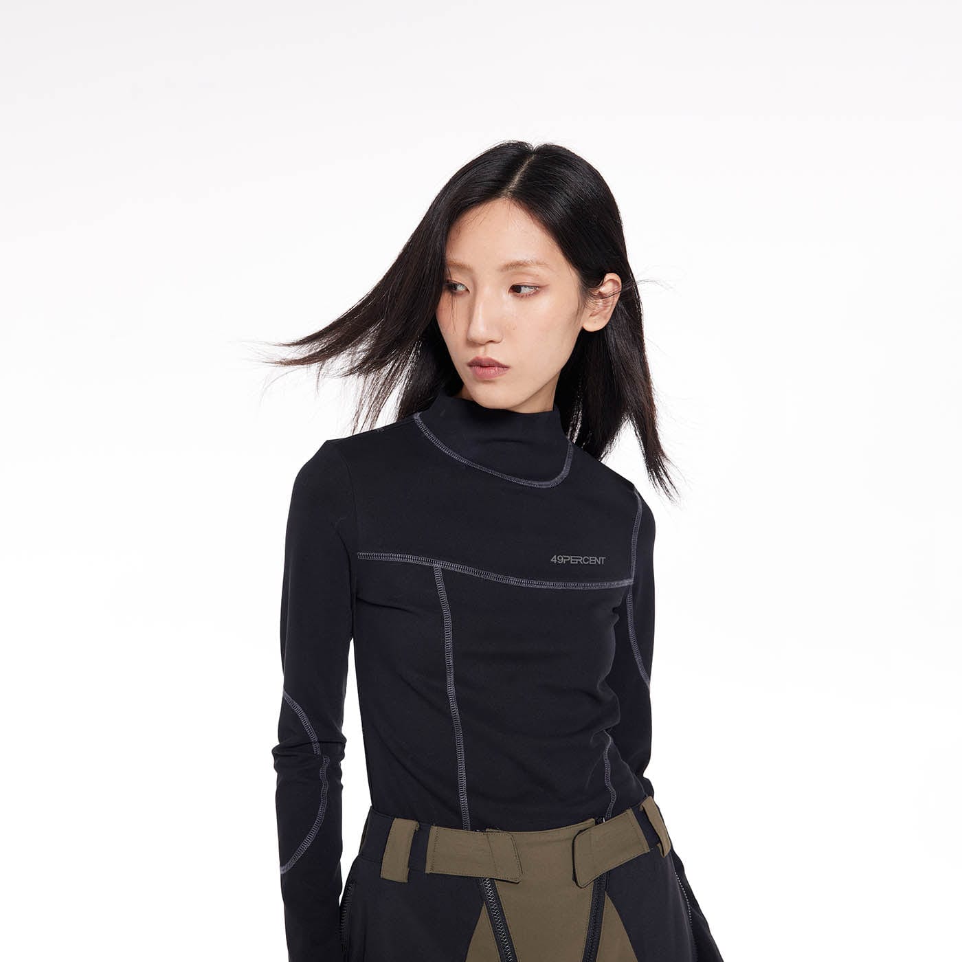 49PERCENT Stitch Outlined High Neck Long Sleeve T-shirt-L/S Tee-S-Green-Free Shipping Leatheretro