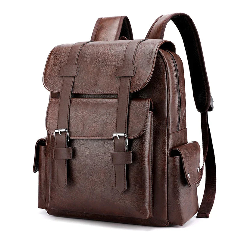 Stylish Men’s PU Leather Laptop Backpack – Large Capacity School & Travel Bag-Backpacks-Brown-Free Shipping Leatheretro