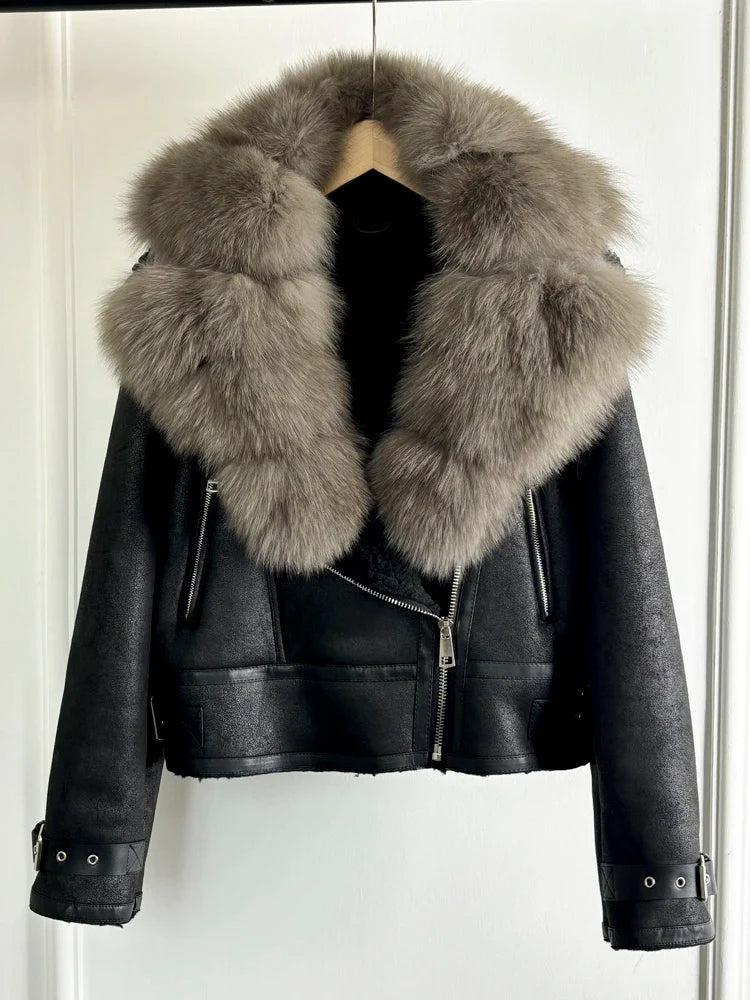 Fashion Women Faux Leather Jacket Winter Coat-Coats & Jackets-real fox fur-XS-Free Shipping Leatheretro