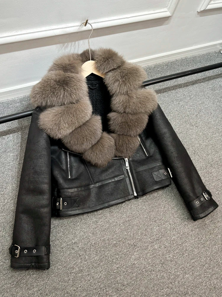 Fashion Women Faux Leather Jacket Winter Coat-Coats & Jackets-real fox fur-XS-Free Shipping Leatheretro