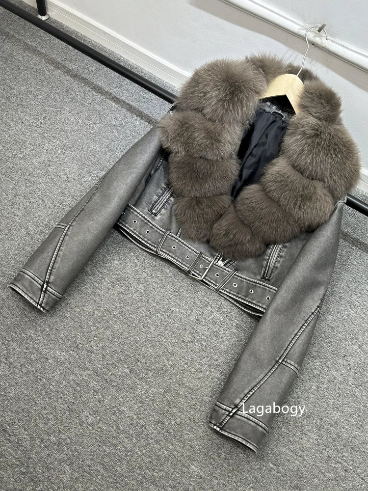 Women PU Faxur Fur Winter Jacket Outerwear-Coats & Jackets-Gray Coat Brown Fur-S-Free Shipping Leatheretro