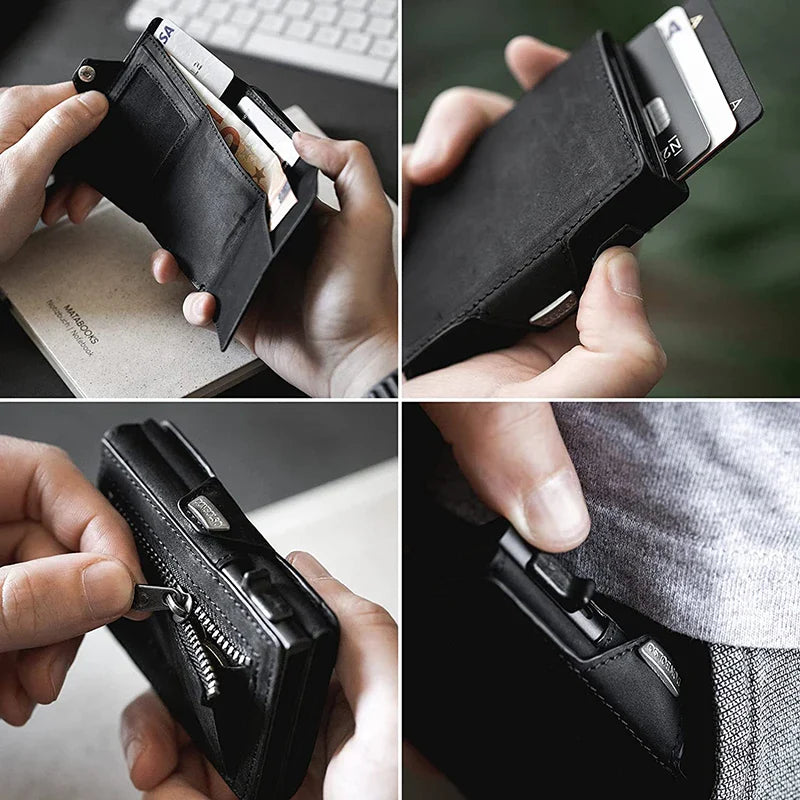 Pop-Up Leather Card Holder Wallet - Minimalist Bag Compartment For Notes-Wallets & Money Clips-Black-Free Shipping Leatheretro