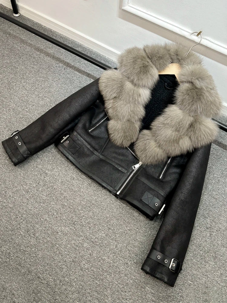 Fashion Women Faux Leather Jacket Winter Coat-Coats & Jackets-real fox fur-XS-Free Shipping Leatheretro