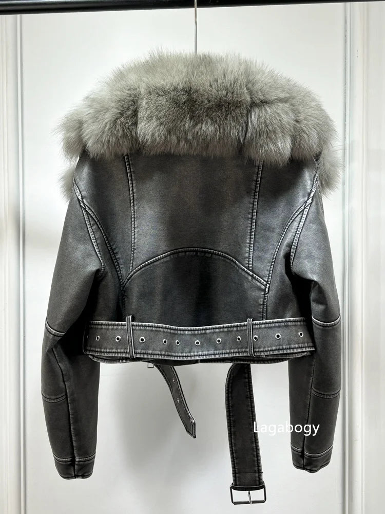 Women PU Faxur Fur Winter Jacket Outerwear-Coats & Jackets-Gray Coat Brown Fur-S-Free Shipping Leatheretro