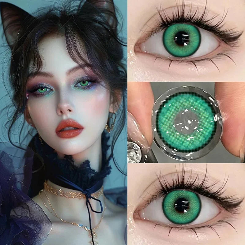 2Pcs Halloween Cosplay Color Contact Lenses for Eyes with Degree Cosmetic Lens Green Eyes Makeup Soft Blue Beauty Pupil-Fluorescent green-1.25-Free Shipping Leatheretro