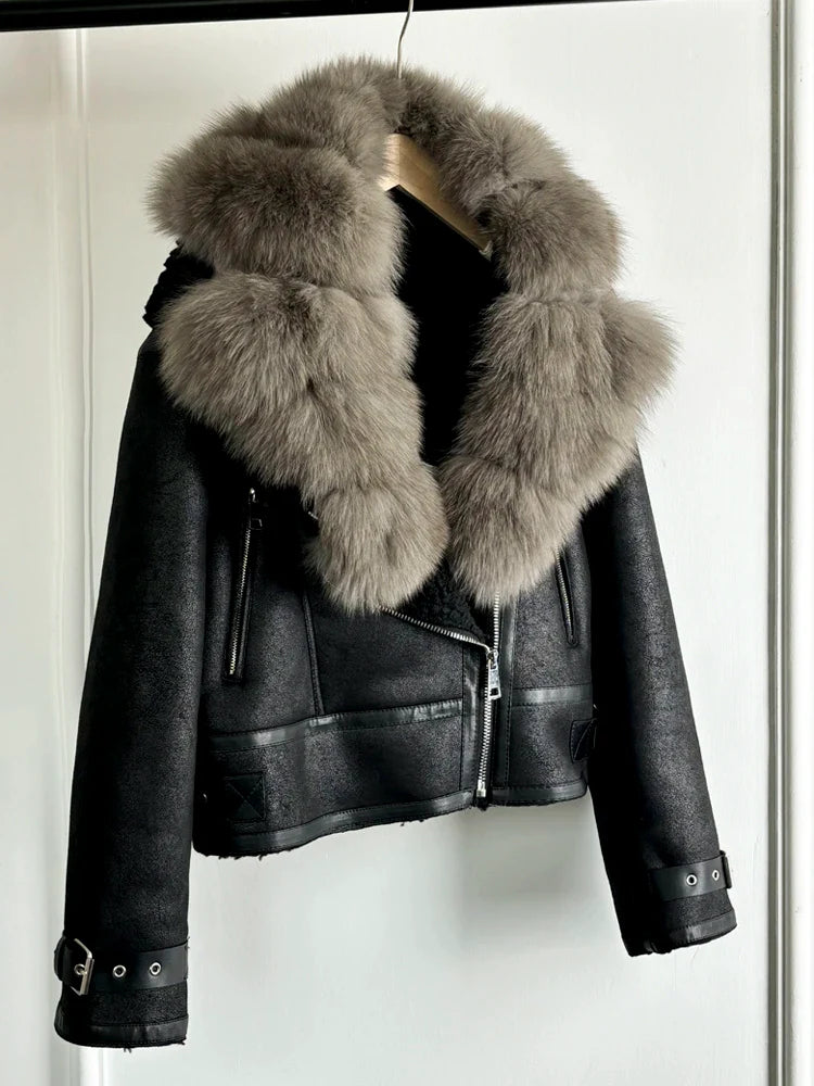 Fashion Women Faux Leather Jacket Winter Coat-Coats & Jackets-real fox fur-XS-Free Shipping Leatheretro