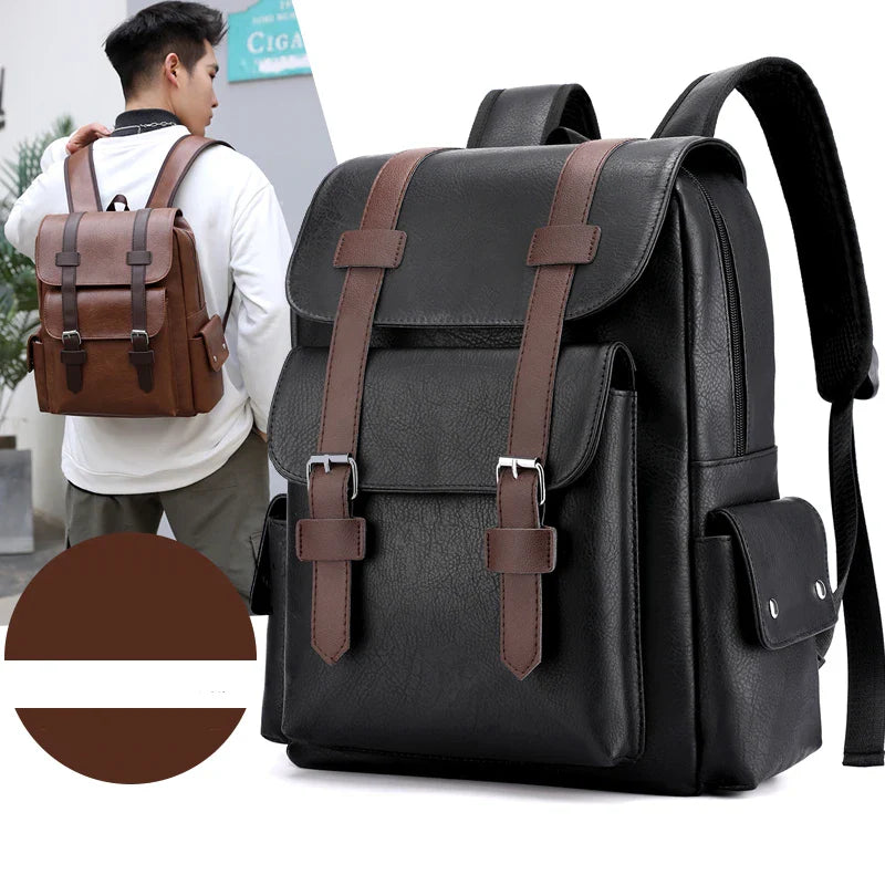 Stylish Men’s PU Leather Laptop Backpack – Large Capacity School & Travel Bag-Backpacks-Black-Free Shipping Leatheretro