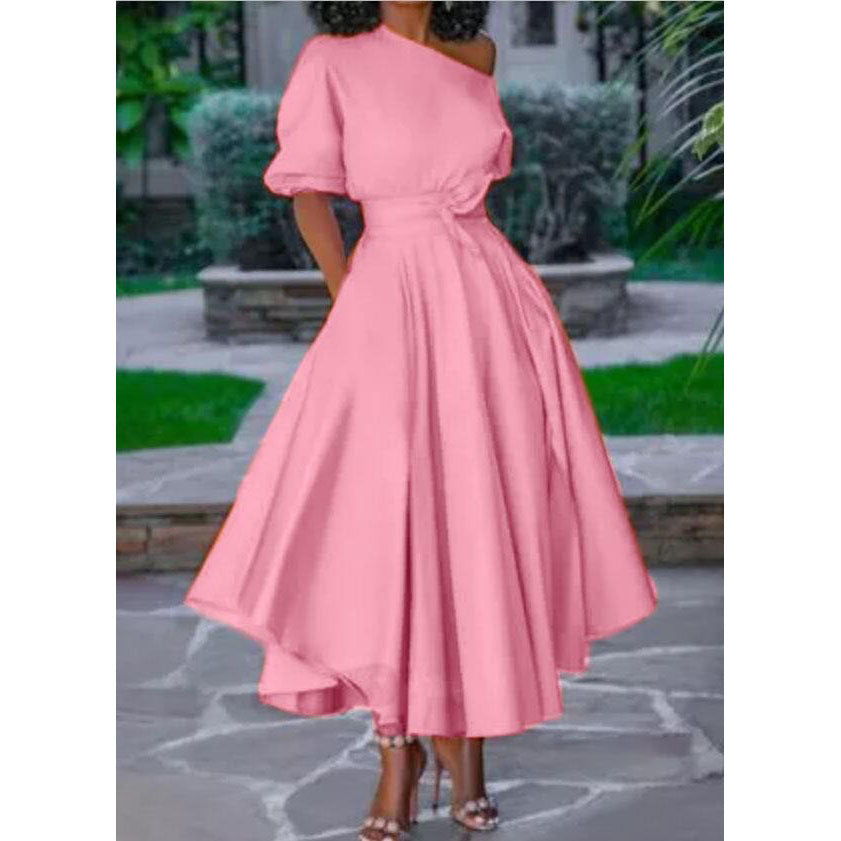 One Sholder Empire Midi Dresses-Midi Dresses-Pink-M-Free Shipping Leatheretro