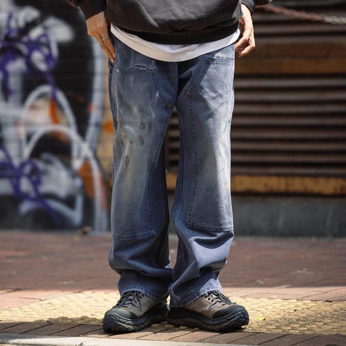 BANANA CLUB Distressed Paint-Splattered Double Knee Jeans-Jeans-S-Blue-Free Shipping Leatheretro