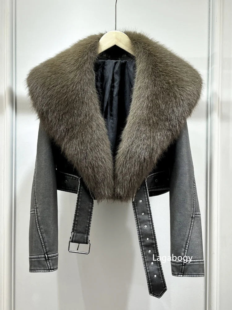 Fashion Faux Fur Collar Short Winter Warm Coat with Pockets-Coats & Jackets-Gray-Gray Faux Fur-S-Free Shipping Leatheretro