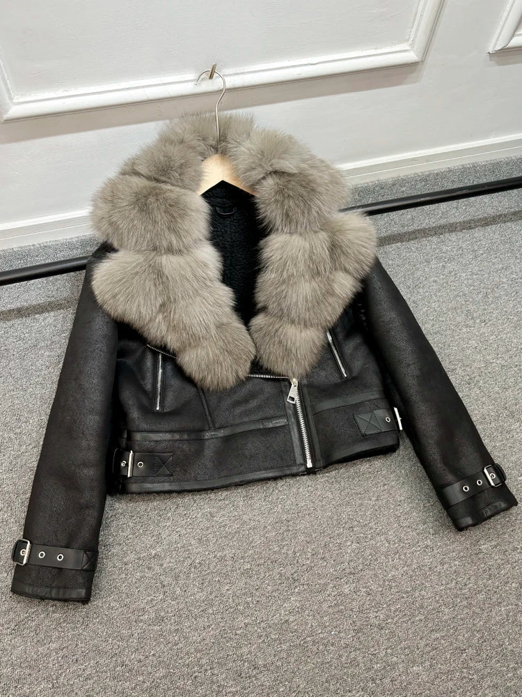 Fashion Women Faux Leather Jacket Winter Coat-Coats & Jackets-real fox fur-XS-Free Shipping Leatheretro