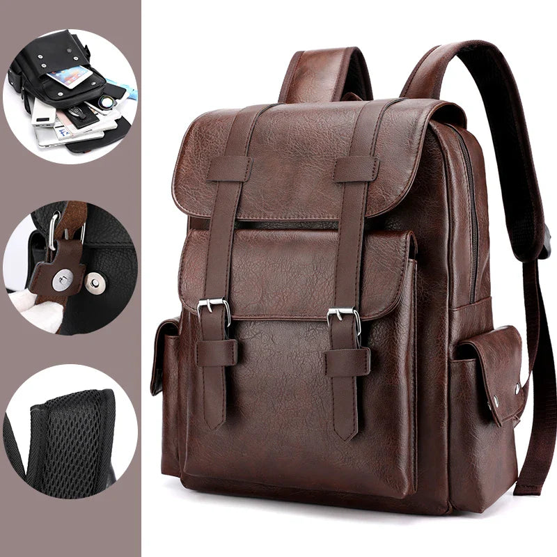 Stylish Men’s PU Leather Laptop Backpack – Large Capacity School & Travel Bag-Backpacks-Black-Free Shipping Leatheretro