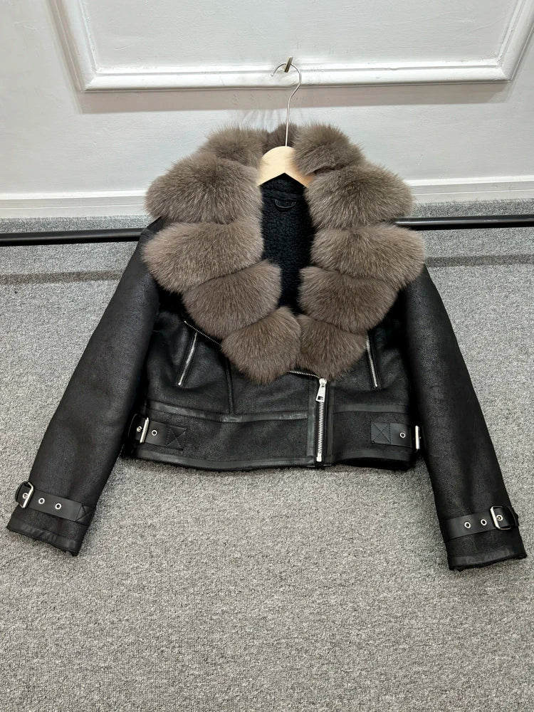 Fashion Women Faux Leather Jacket Winter Coat-Coats & Jackets-real fox fur-XS-Free Shipping Leatheretro