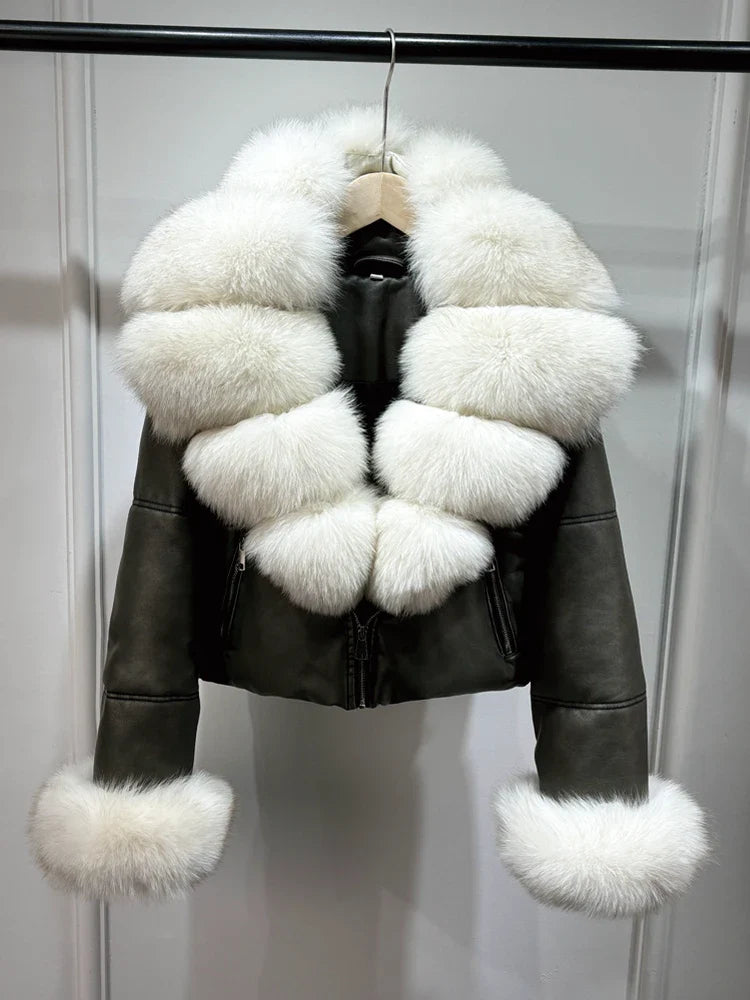 Fashion Fox Fur Women Winter Short PU Leather Jacket Warm Coat-Coats & Jackets-Gray Sleeve Fur-XS-Free Shipping Leatheretro