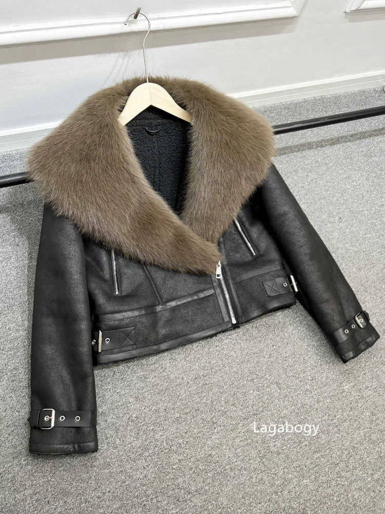 Women Faux Fur Collar Street Style Leather Jacket-Coats & Jackets-Gray Faux Fur-XS-Free Shipping Leatheretro