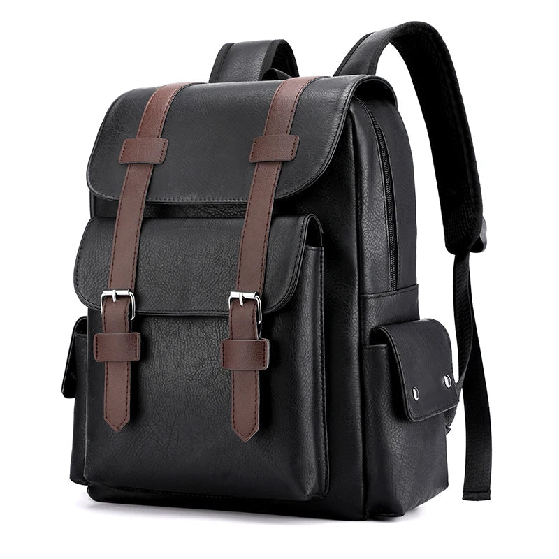 Stylish Men’s PU Leather Laptop Backpack – Large Capacity School & Travel Bag-Backpacks-Black-Free Shipping Leatheretro