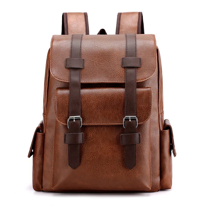Stylish Men’s PU Leather Laptop Backpack – Large Capacity School & Travel Bag-Backpacks-Black-Free Shipping Leatheretro
