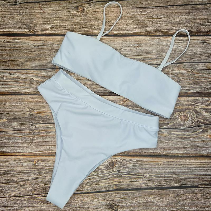 Beach Plain High Rise Triangle Bikinis Sets-Women Swimwear-S-White-Free Shipping Leatheretro