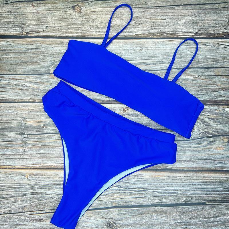 Beach Plain High Rise Triangle Bikinis Sets-Women Swimwear-S-Blue-Free Shipping Leatheretro