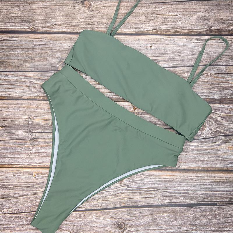 Beach Plain High Rise Triangle Bikinis Sets-Women Swimwear-S-Army Green-Free Shipping Leatheretro