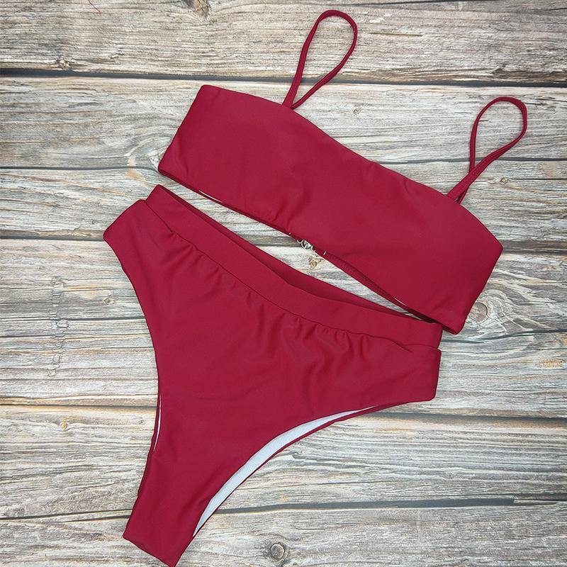 Beach Plain High Rise Triangle Bikinis Sets-Women Swimwear-S-Red-Free Shipping Leatheretro