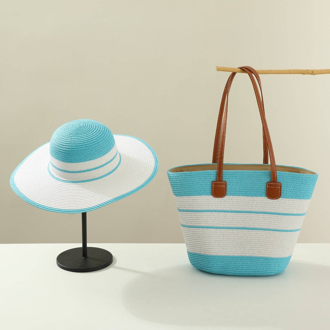 Handmade Designer Beach Straw Hat and Bag Set for Women-Tote Bag-Sky Blue-Free Shipping Leatheretro