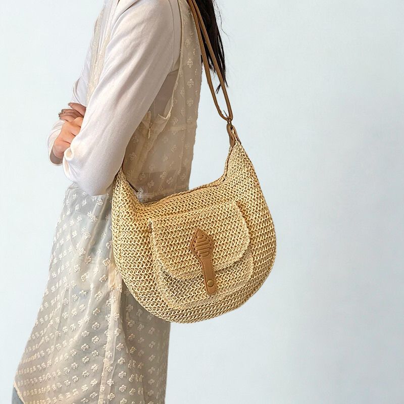 Straw Crossbody Bag Stylish Retro Vacation Look-Handbags-Beige-Free Shipping Leatheretro