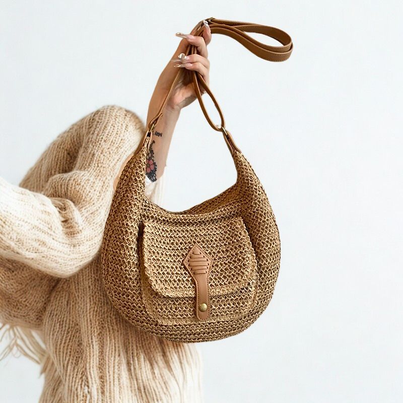 Straw Crossbody Bag Stylish Retro Vacation Look-Handbags-Beige-Free Shipping Leatheretro