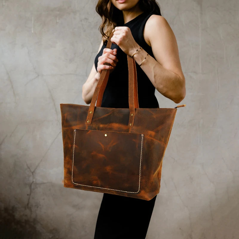 Stylish Genuine Cowhide Leather Tote for Women-Tote Bag-Light Brown-Free Shipping Leatheretro