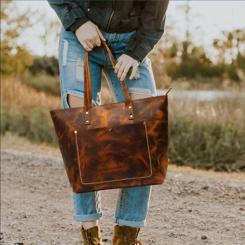 Stylish Genuine Cowhide Leather Tote for Women-Tote Bag-Light Brown-Free Shipping Leatheretro
