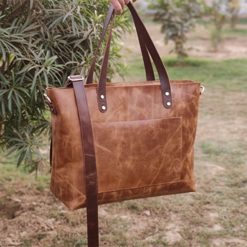 Stylish Handmade Genuine Leather Tote Bag-Tote Bag-Dark Brown-Free Shipping Leatheretro