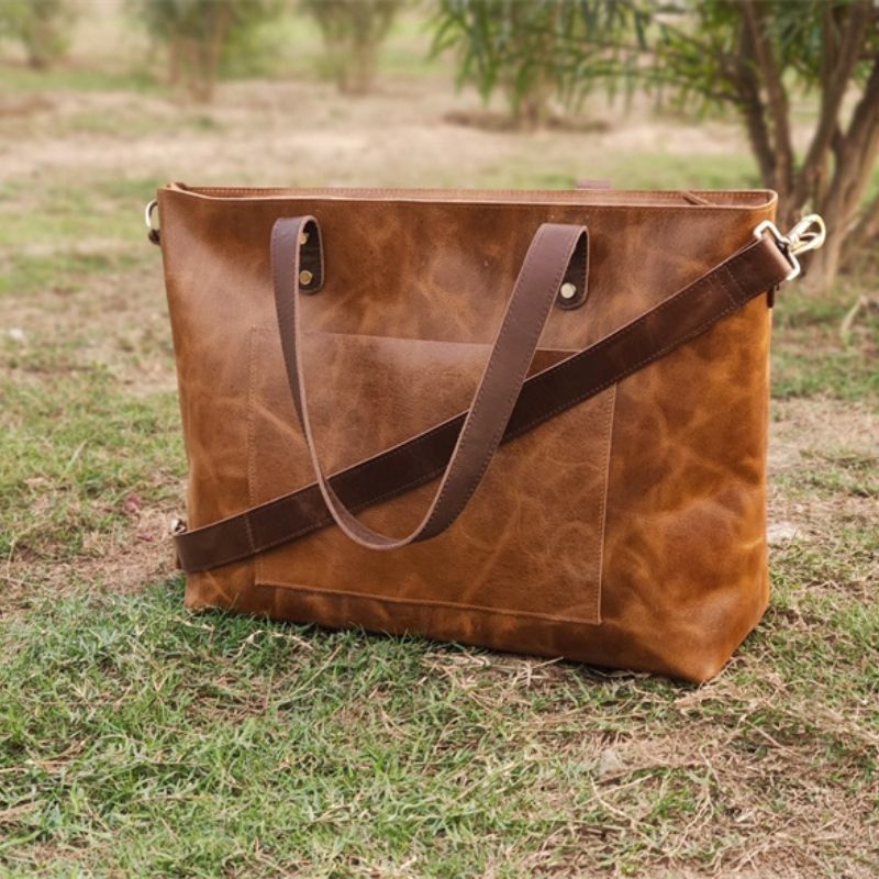 Stylish Handmade Genuine Leather Tote Bag-Tote Bag-Dark Brown-Free Shipping Leatheretro