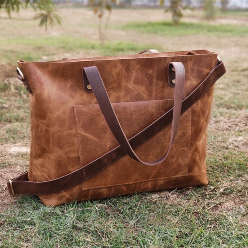 Stylish Handmade Genuine Leather Tote Bag-Tote Bag-Dark Brown-Free Shipping Leatheretro