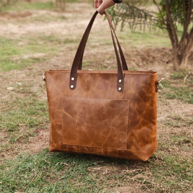 Stylish Handmade Genuine Leather Tote Bag-Tote Bag-Dark Brown-Free Shipping Leatheretro