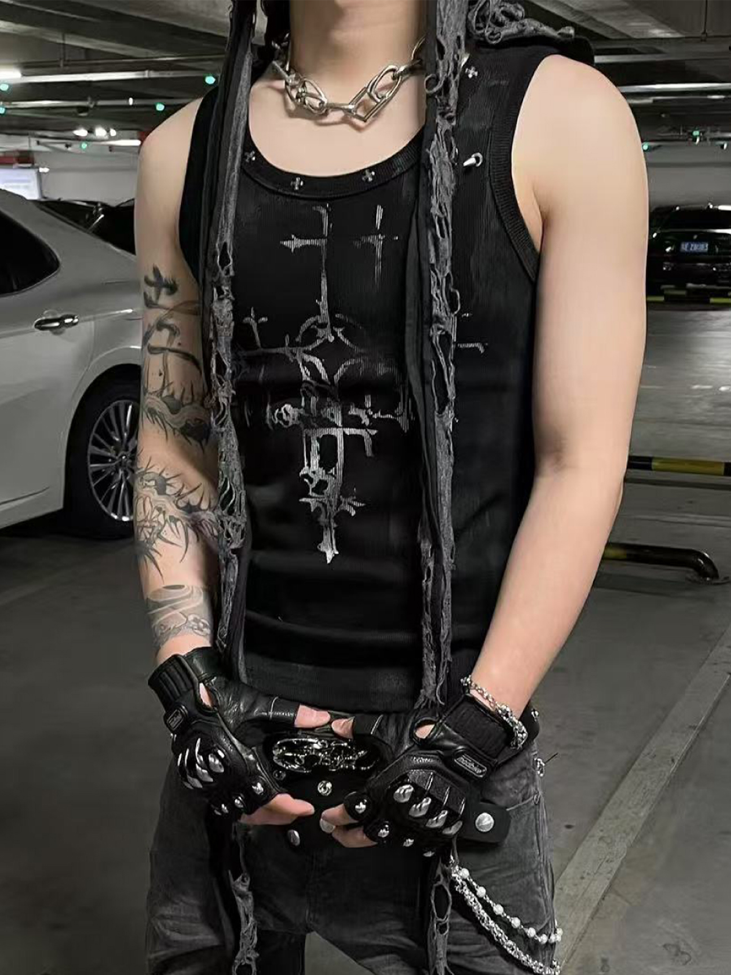 TH4SWE Retro Gothic Cross Graphic Studded Tank Top-Tank Top-S-Free Shipping Leatheretro