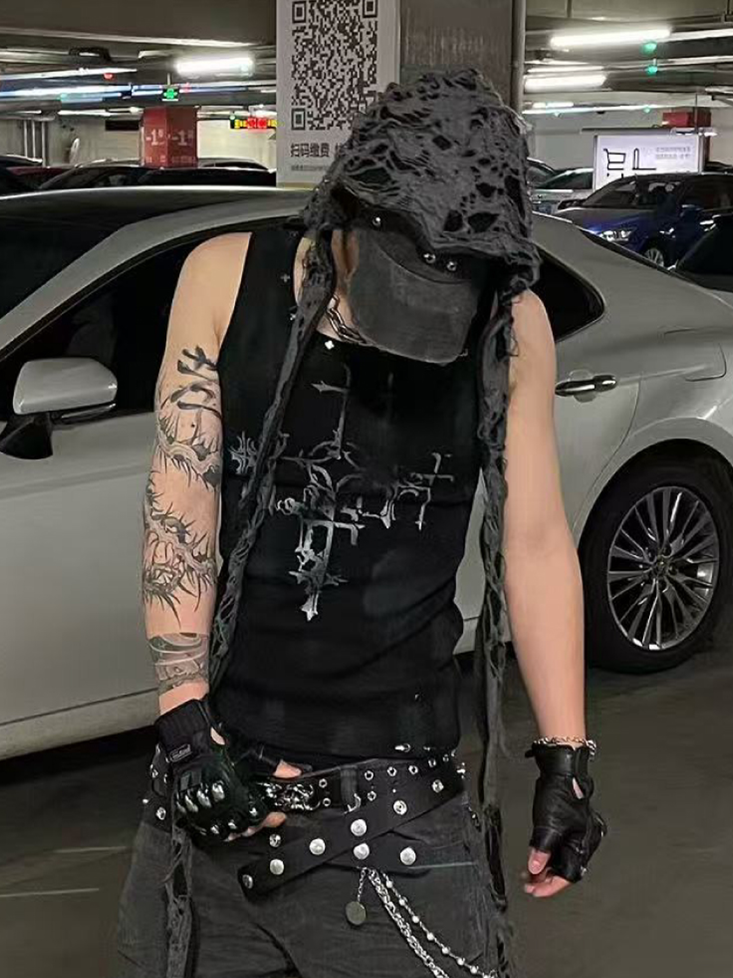 TH4SWE Retro Gothic Cross Graphic Studded Tank Top-Tank Top-S-Free Shipping Leatheretro