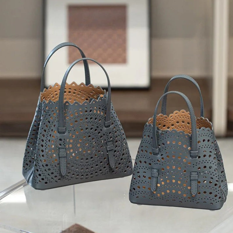 French Handmade Cowhide Leather Tote Bag - Vegetable Basket Versatile Handbag-Shopper Bag-Tin Ash-Width 18 cm * Height 16 cm * Depth 8.5 cm-Free Shipping Leatheretro