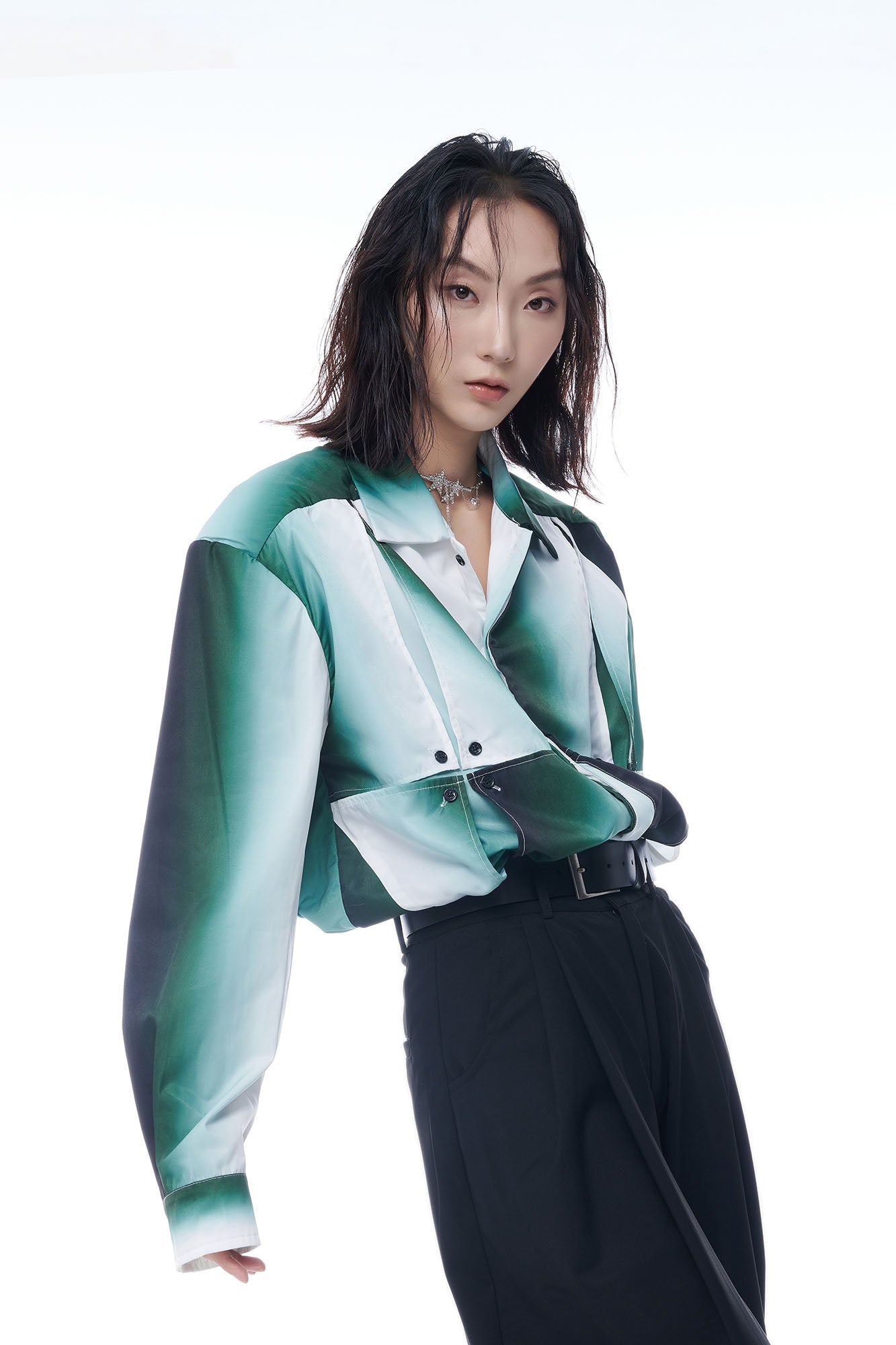 TUIMU Gradient Geometry Panel Acetate Shirt-Shirt-S-Long-Free Shipping Leatheretro