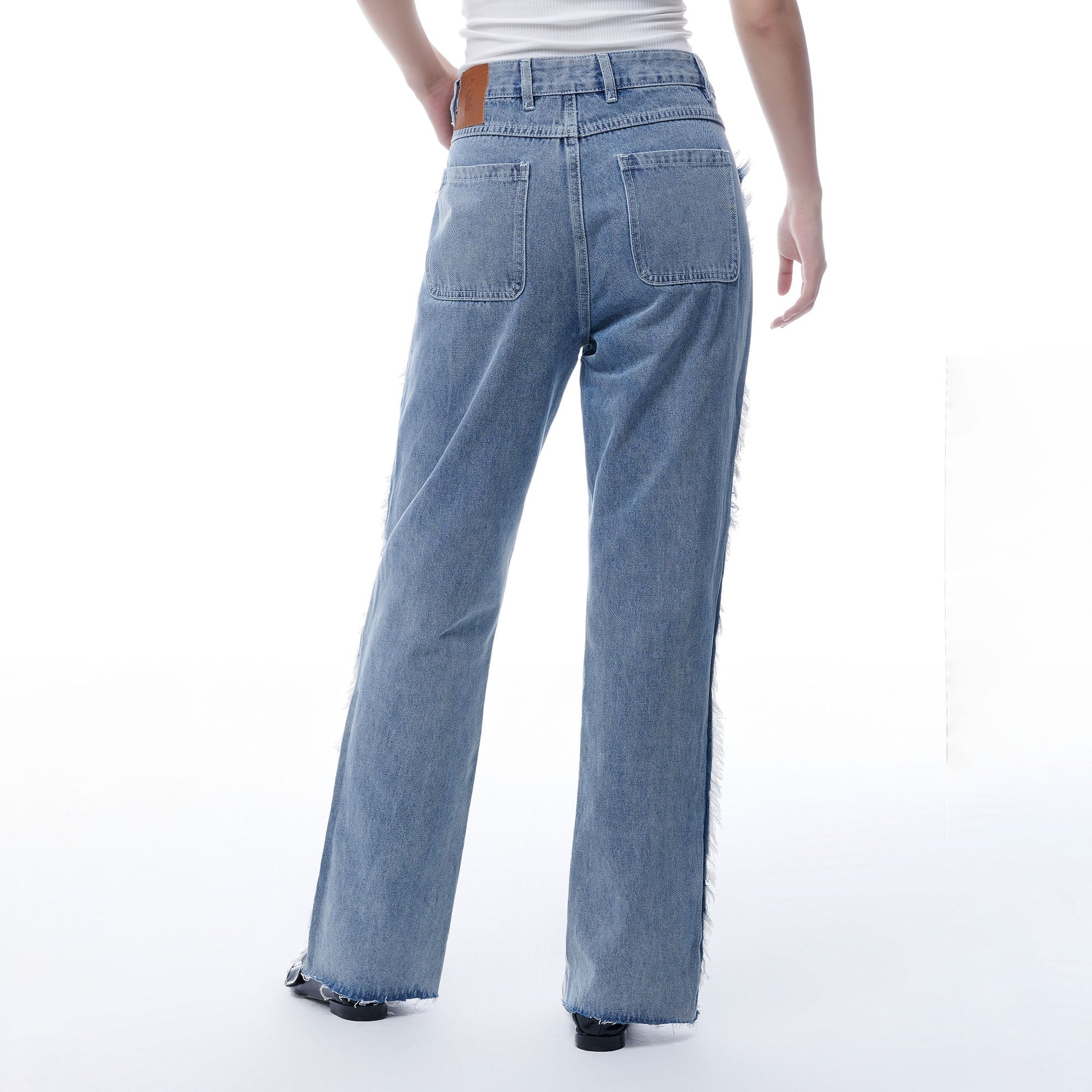 TUIMU Fringe-Trim Straight-Leg Washed Jeans-Jeans-S-Dark Blue-Free Shipping Leatheretro