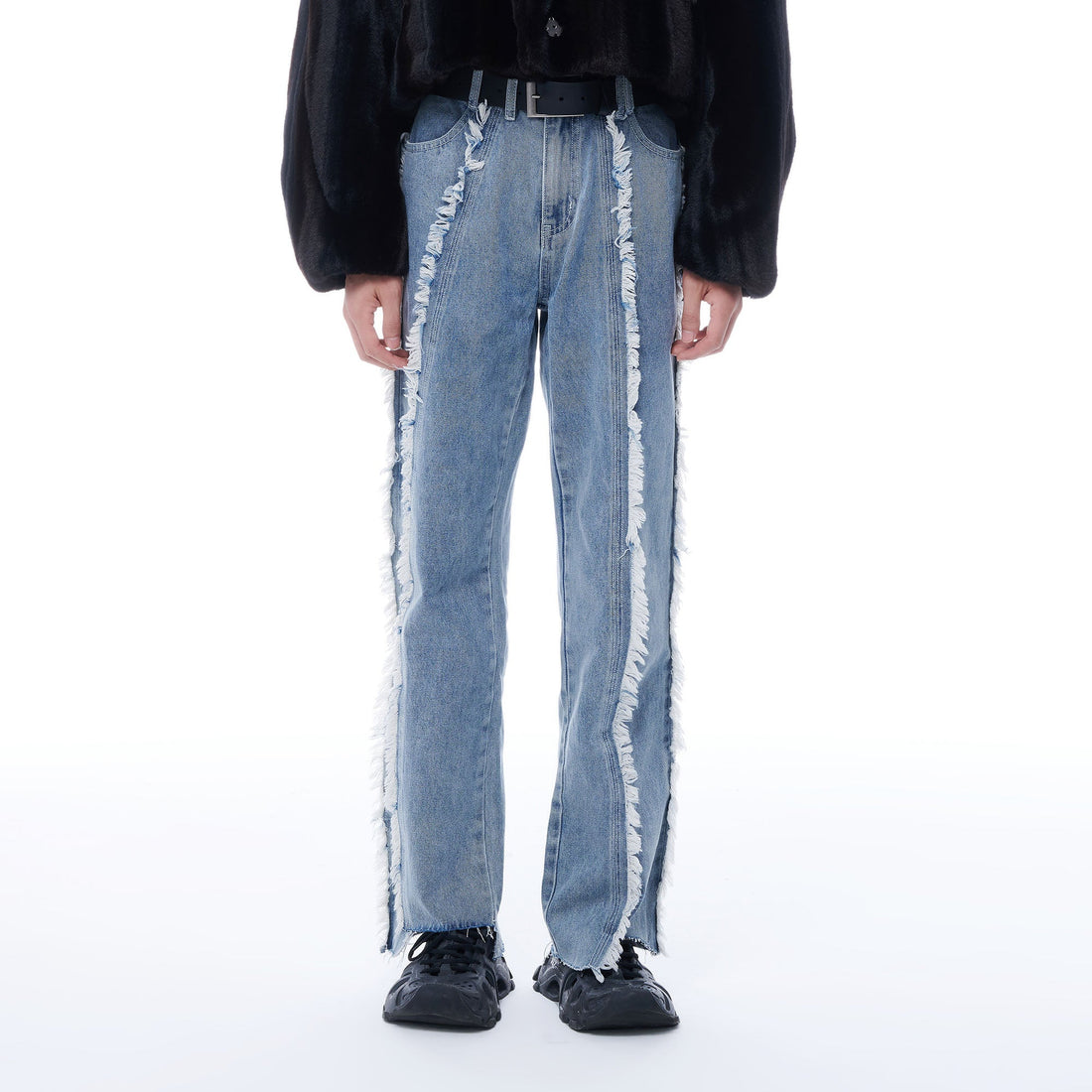 TUIMU Fringe-Trim Straight-Leg Washed Jeans-Jeans-S-Dark Blue-Free Shipping Leatheretro