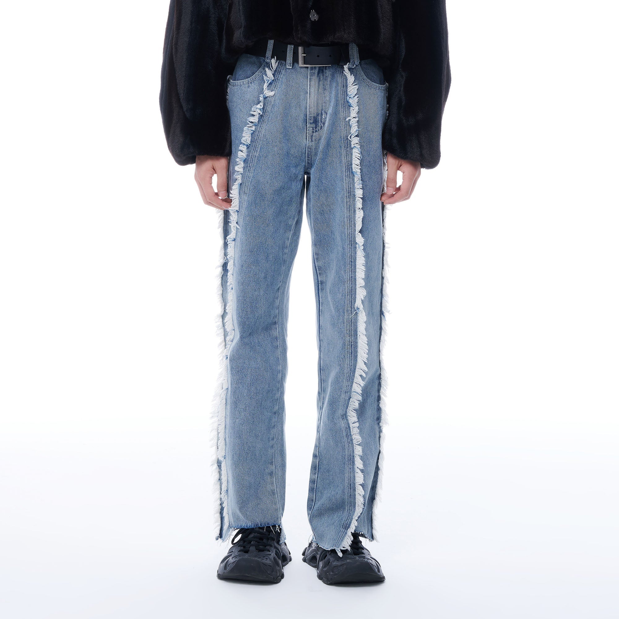TUIMU Fringe-Trim Straight-Leg Washed Jeans-Jeans-S-Blue-Free Shipping Leatheretro