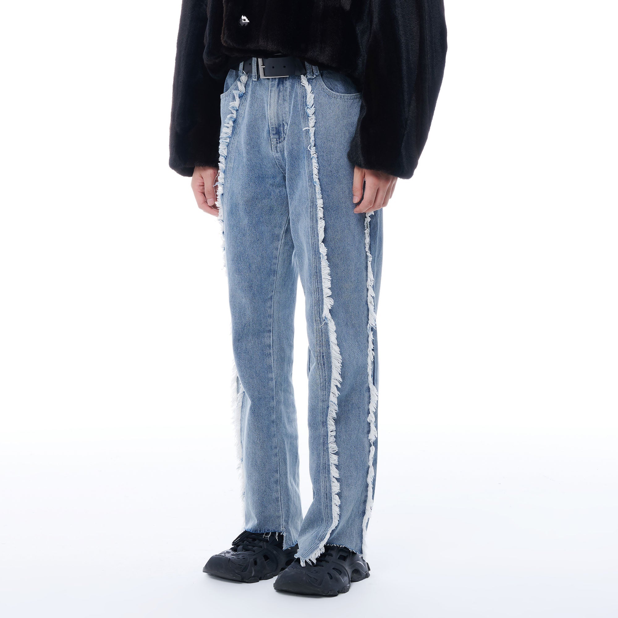TUIMU Fringe-Trim Straight-Leg Washed Jeans-Jeans-S-Dark Blue-Free Shipping Leatheretro